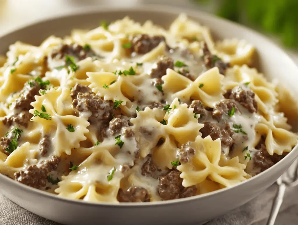 creamy beef and bowtie pasta alfredo - featured image