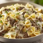 creamy beef and bowtie pasta alfredo - featured image