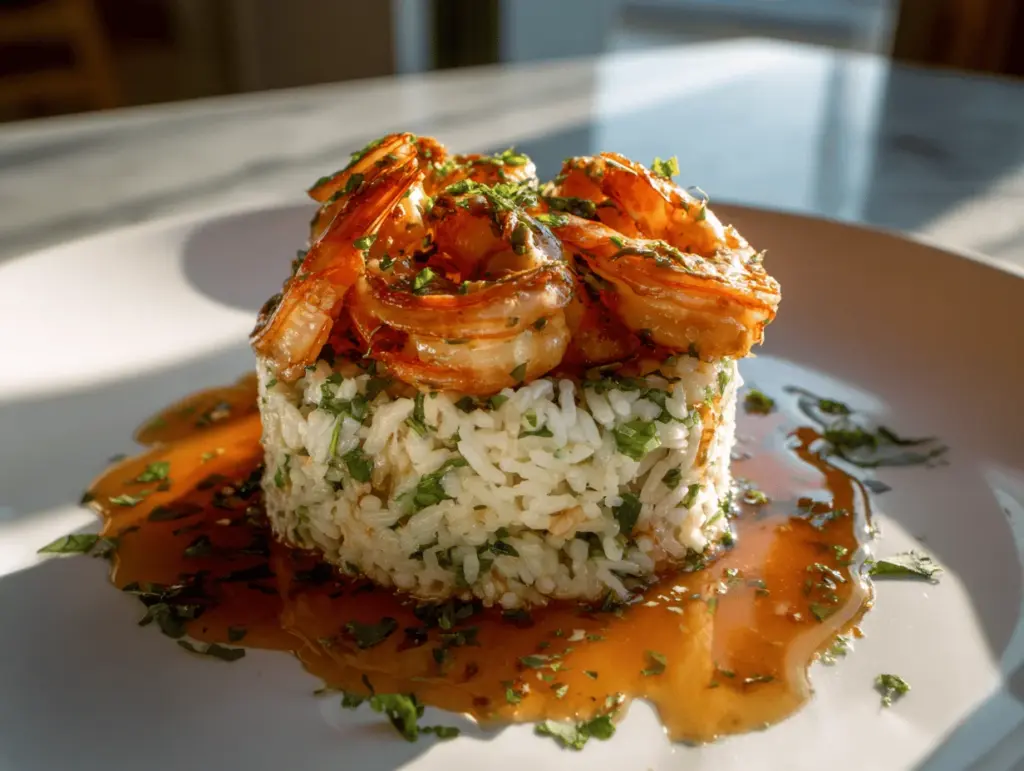 healthy garlic butter shrimp and rice stack - featured image