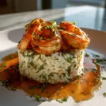 healthy garlic butter shrimp and rice stack - featured image